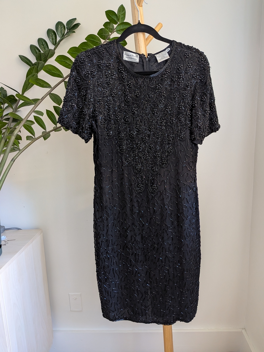 Vintage Beaded Dreams 100% Silk Black Beaded Cocktail Holiday Dress M